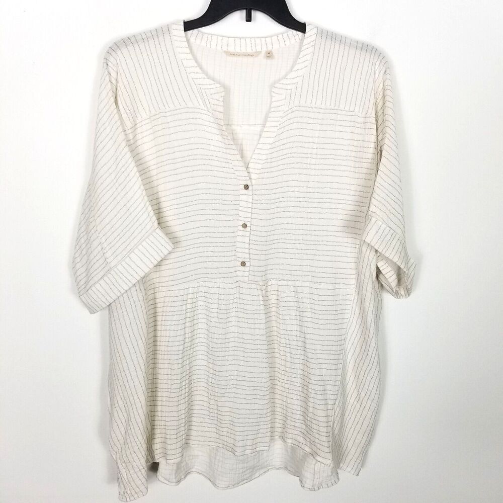Soft Surroundings Women Plus Striped Blouse Top Sz 3X Ivory Short Sleeve Tunic
